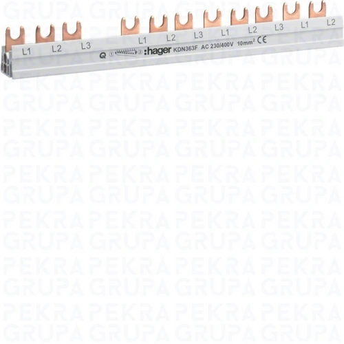 KDN363F Szyna grzebieniowa widełkowa pozioma 4P 10mm2 do RCCB 4P+MCB / SPD 4P+MCB 3P 12M